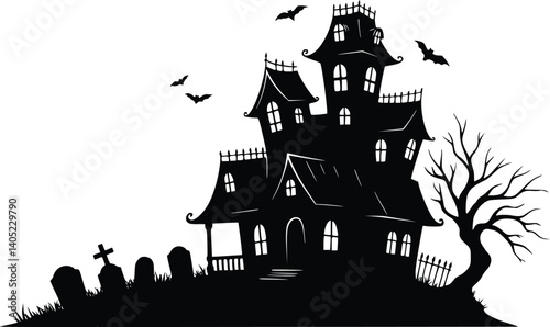 Black silhouette of a haunted house with twisted trees, bats, and a graveyard, capturing an eerie Halloween atmosphere