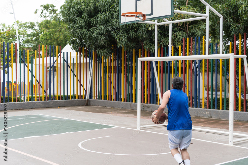 Fototapeta premium Man Preparing to Shoot Basketball on Outdoor Court