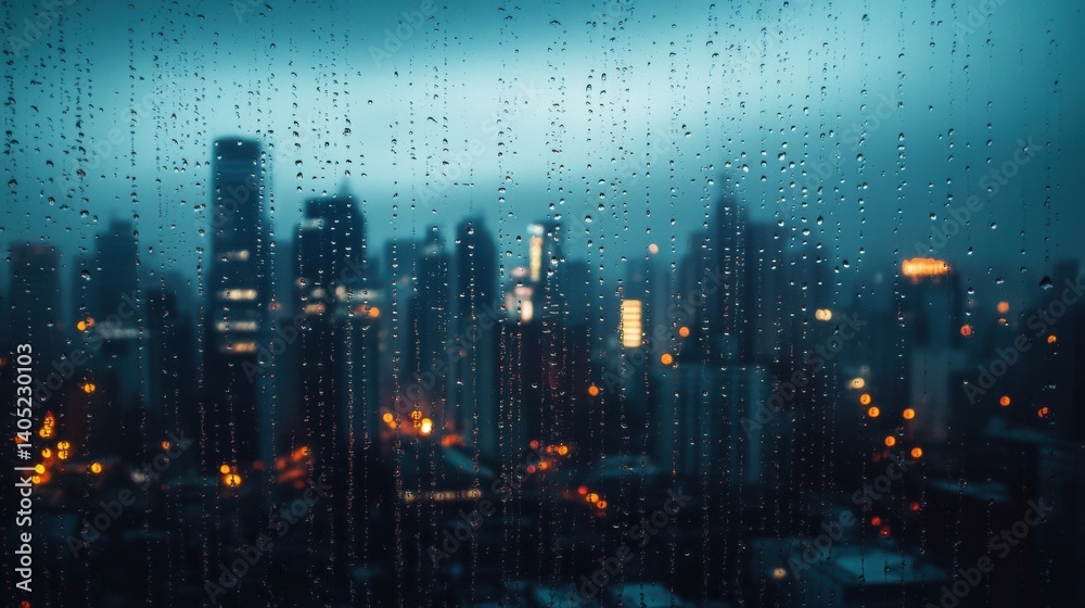 Urban cityscape viewed through a rainy window at night.