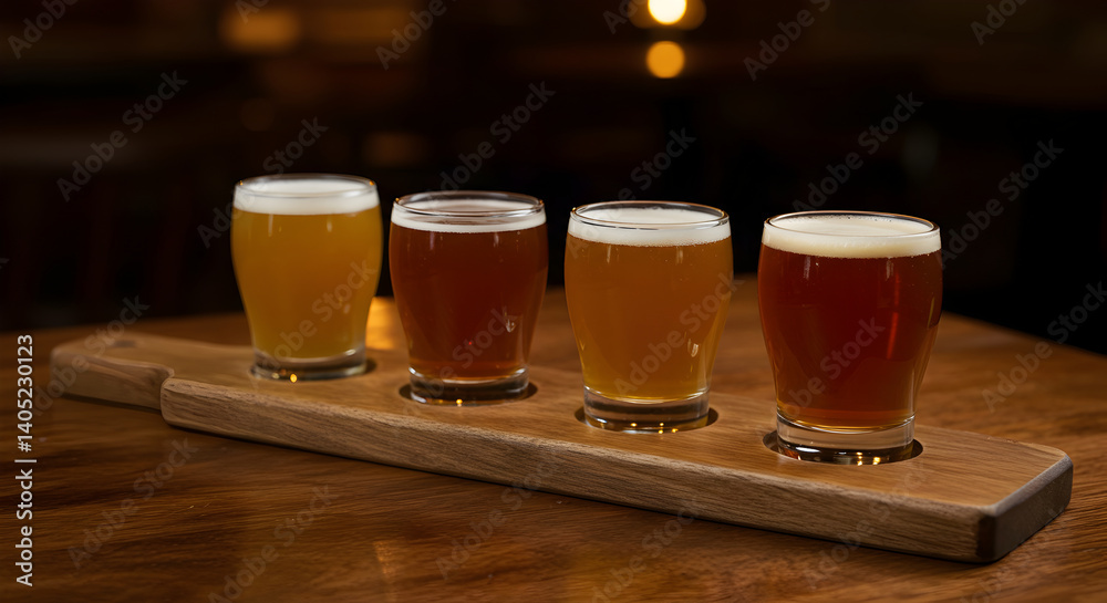Craft Beer Flight Tasting On Wooden Serving Board Variety Of Colors Craft Beer Flight Tasting On Wooden Serving Board Variety Of Colors