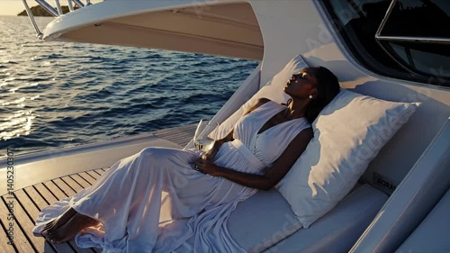 A relaxed black woman enjoys her vacation on a luxury yacht. She lounges on soft cushions, dressed in an elegant white gown. The shimmering sea reflects the sunset