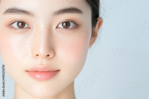 Close-up portrait of young Japanese woman with flawless skin and soft natural makeup