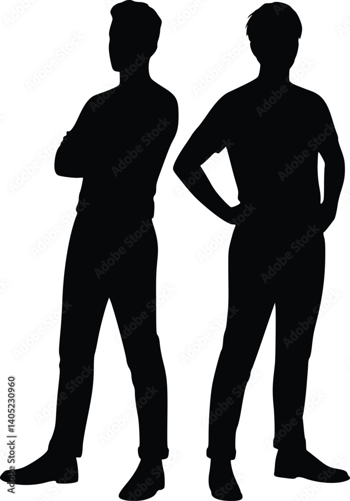 Silhouette of two standing individuals, one with arms crossed and the other with hands on hips, symbolizing confidence and contemplation Silhouette of two standing individuals, one with arms crossed and the other with hands on hips, symbolizing confidence and contemplation