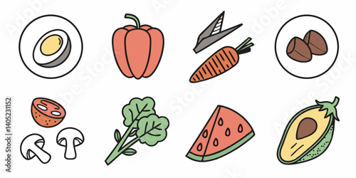 Healthy Food Ingredients Vector Illustration Cartoon Fresh Vegetables Fruits Egg Almonds - Bell Pepper Carrot Tomato Mushrooms Spinach Watermelon Avocado - Flat Style