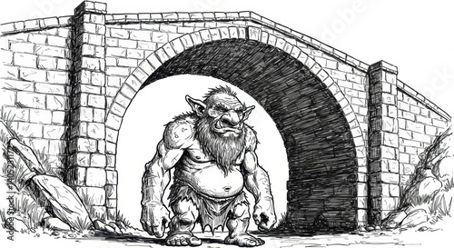 Black and White Sketch of a Troll Under a Bridge