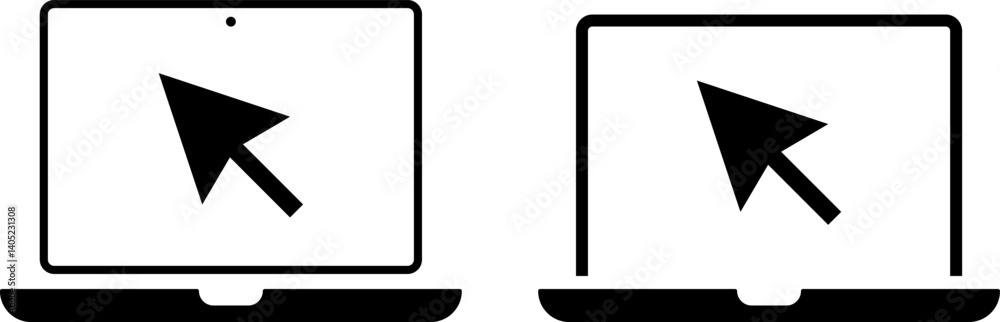 Laptop icon with mouse pointer or cursor icon. Concept of using a personal computer. Notebook screen template. Display with clicking mouse
