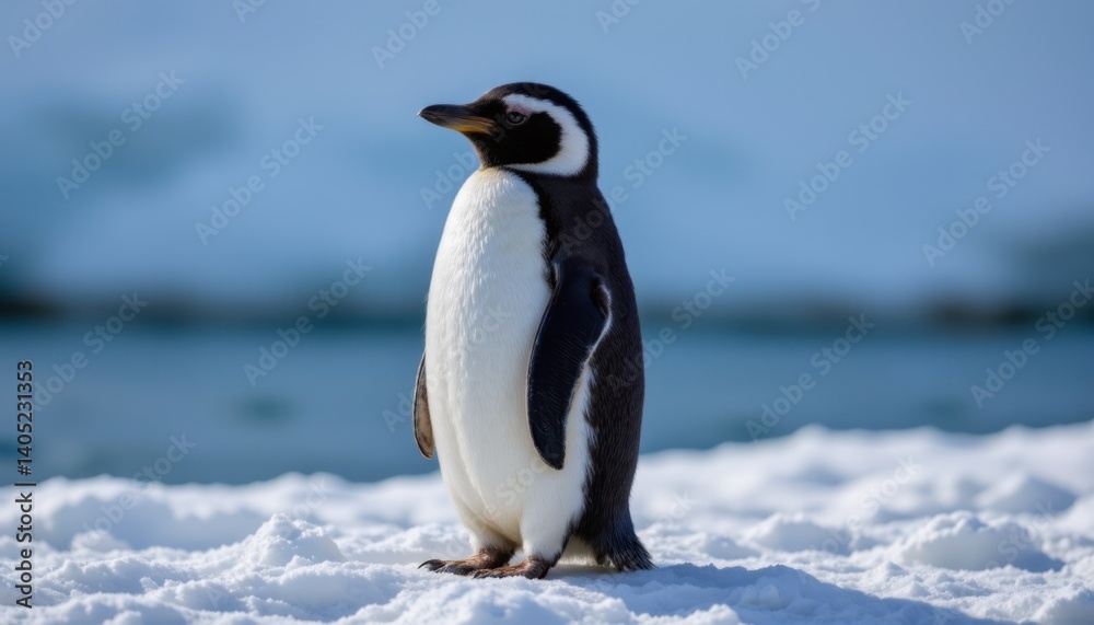 Obraz premium Penguin standing on snowy landscape coastal region wildlife photography cold environment close-up view nature concept