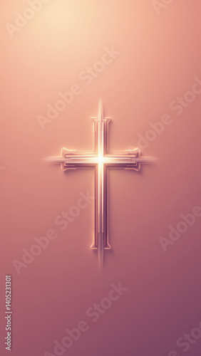 A brightly lit cross on a pink background.