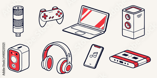 Red and White Isometric Line Art Electronic Devices Microphone Gamepad Laptop Speaker Headphones Smartphone Cassette Player Vector Illustration