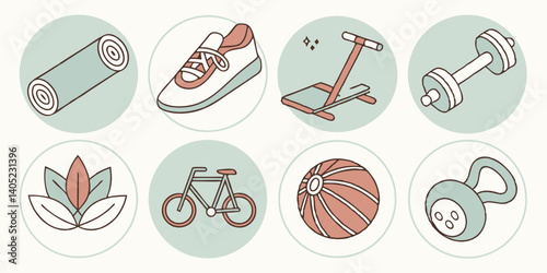 Pastel Vector Fitness & Wellness Icons: Yoga Mat, Running Shoe, Dumbbell, Bike, Exercise Ball, Kettlebell, Stepper, Lotus - Health & Fitness