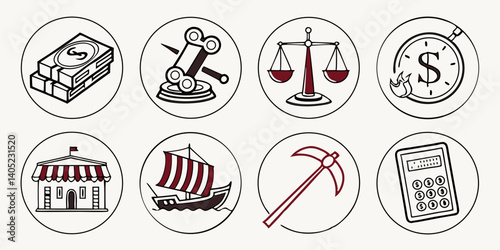Cartoon Vector Business Finance Legal Trade Industry Icons: Money Gavel Scales Clock Ship Pickaxe Building Calculator Set