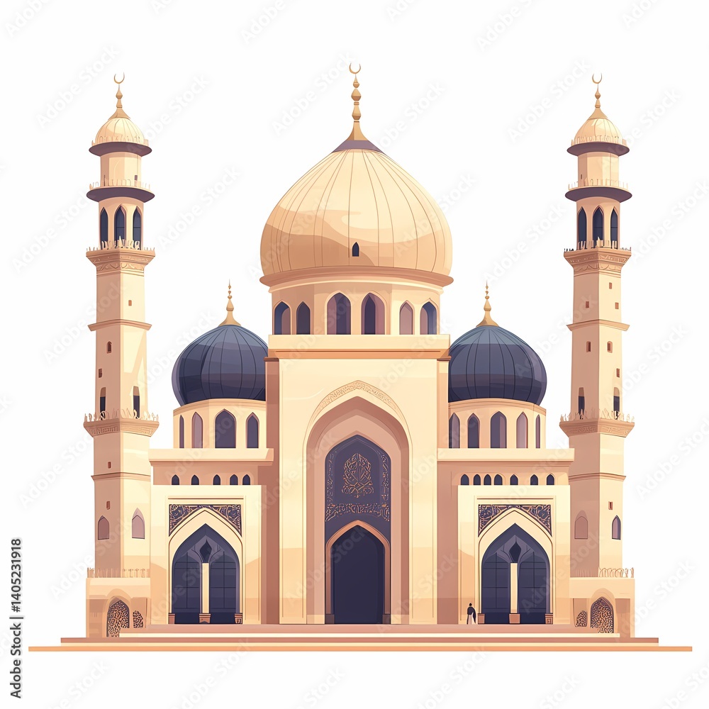 Fototapeta premium Islamic Mosque Architecture: Ornate Domes and Minarets in Urban Cityscape Vector Illustration