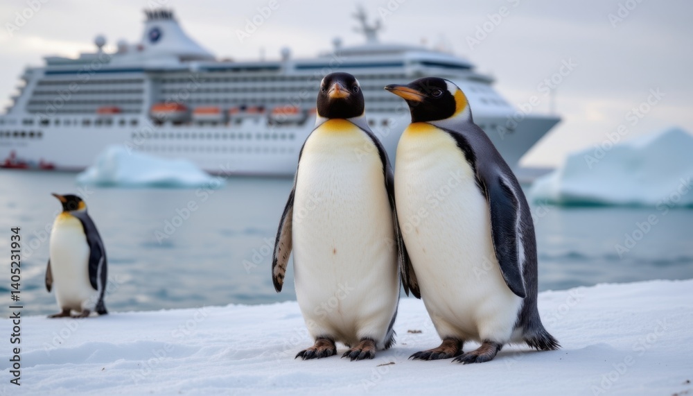Fototapeta premium Penguins in front of luxury cruise ship antarctic waters wildlife photography icy environment close-up view nature conservation