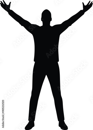 Black silhouette of a person standing with arms raised and spread wide, expressing victory, joy, or a welcoming gesture in minimalistic design