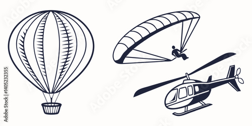 Line Art Illustration of Air Transportation: Hot Air Balloon, Paraglider, Helicopter - Black and White Travel Adventure Vehicles