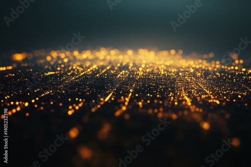 Abstract cityscape of golden light particles.