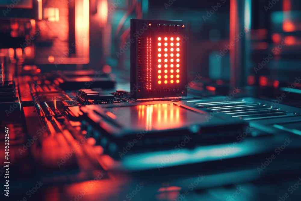 Illuminated circuit board with glowing red leds.