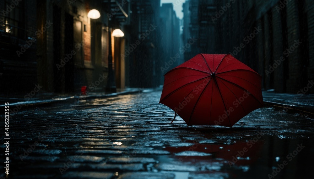 A Rainy Evening Street Scene with a Red Umbrella.