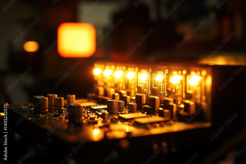 Illuminated circuit board with glowing leds in a dark environment.