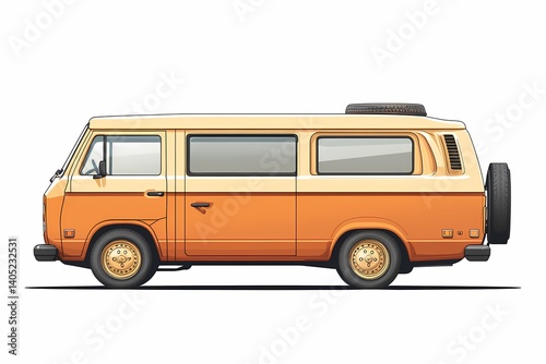 Vintage Orange Cartoon Van. Retro Adventure on a Scenic Road Trip