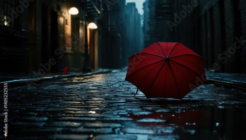 Obraz na płótnie A Rainy Evening Street Scene with a Red Umbrella. w salonie