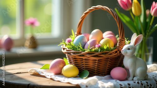 Basket with Easter eggs on table
