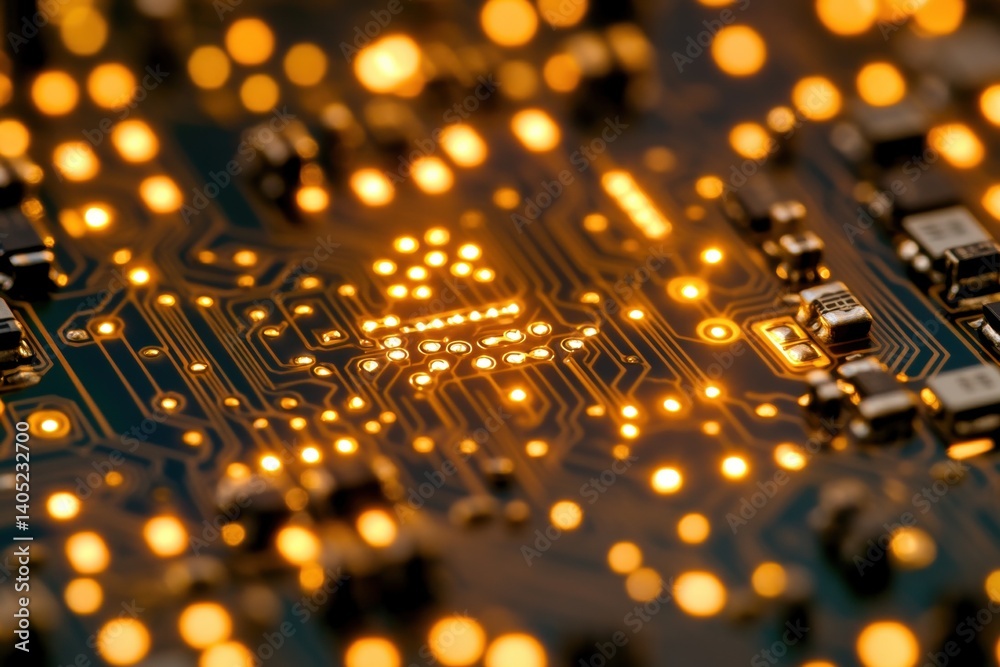 Illuminated circuit board with glowing components.