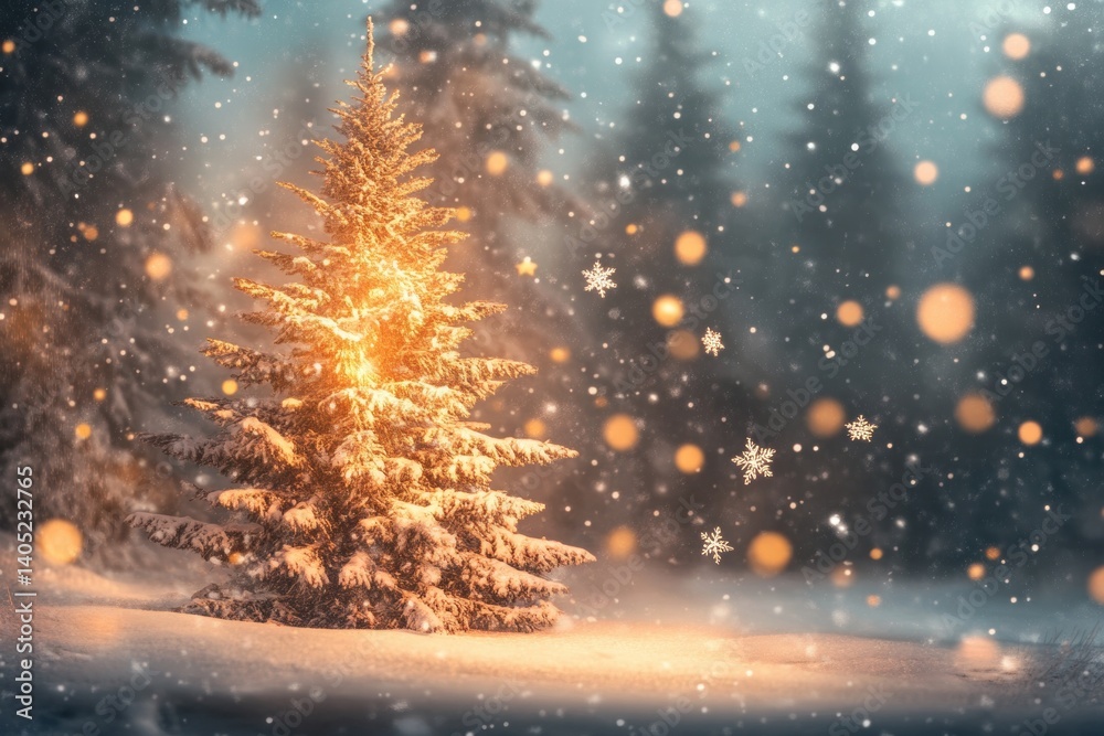 Glowing Christmas tree in a snowy forest.