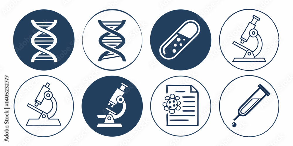 Medical Science Vector Icon Set - DNA Microscope Pill Virus Pipette - Blue White Flat Line Art