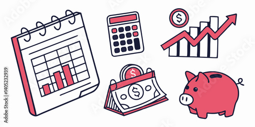 Business Finance Doodle Cartoon: Planning, Growth, Money, Calculator, Calendar, Piggy Bank Icons - Sketch Illustration