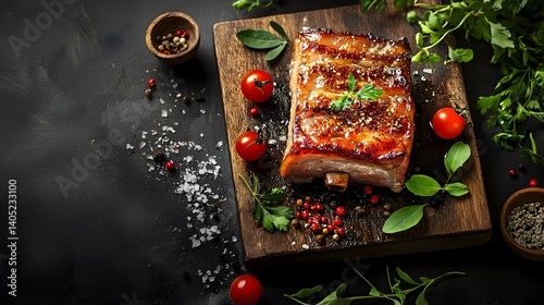 Close-Up Shot of Tender Roasted Pork Belly with Crispy Skin and Fresh Herbs on a Rustic Wooden Board