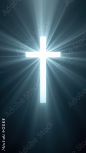 A glowing cross on a dark background with a blurred silhouette of a building.