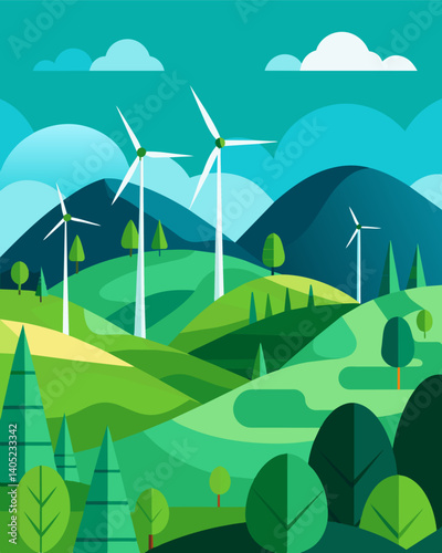 A vibrant green landscape dotted with wind turbines showcasing the harmony between technology and the environment in the pursuit of clean energy.. Vector illustration