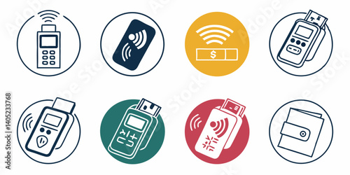 Contactless Payment Icons Vector Line Art - NFC Wireless Mobile Card Reader Dongle Wallet