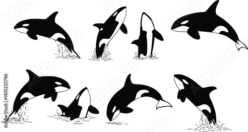 Silhouettes of eight orcas in various breaching and diving poses, capturing the grace and movement of killer whales