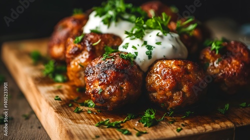 Delicious Close-Up Image of Swedish Meatballs with Creamy Sauce and Parsley Accents on Antique-Style Wooden Serving Board
