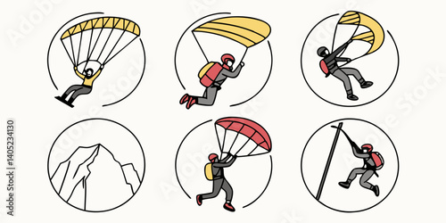 Adventure Sport Paragliding and Parachuting Cartoon Icons