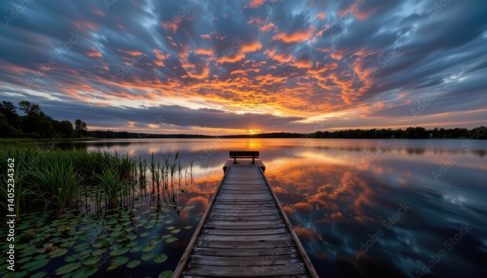 Naklejka premium Breathtaking sunset reflection over calm lake serene landscape nature photography tranquil environment wide-angle view