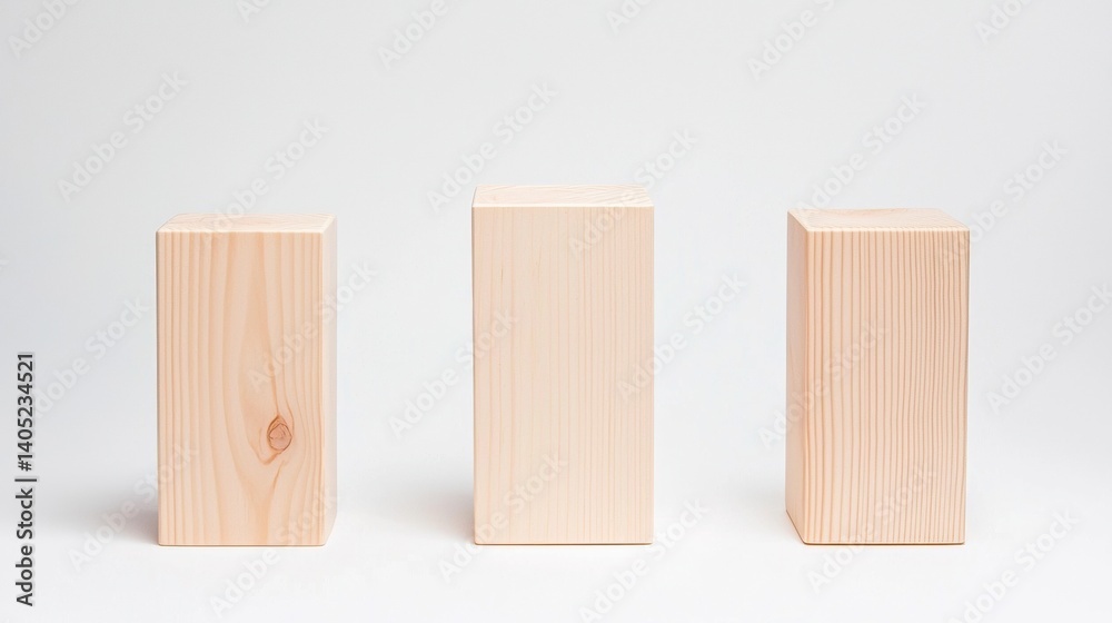 Three light-colored wooden blocks of equal height and width, arranged in a row. Three light-colored wooden blocks of equal height and width, arranged in a row.