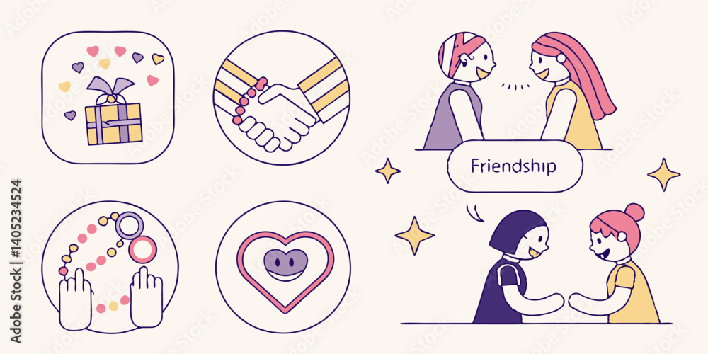 Friendship Icons and Illustrations: Gift Box, Handshake, Talking Girls, Friendship Bracelet, Heart with Face, Holding Hands - Vector Set for Web, Social Media, and Design Friendship Icons and Illustrations: Gift Box, Handshake, Talking Girls, Friendship Bracelet, Heart with Face, Holding Hands - Vector Set for Web, Social Media, and Design