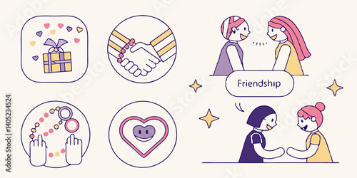 Friendship Icons and Illustrations: Gift Box, Handshake, Talking Girls, Friendship Bracelet, Heart with Face, Holding Hands - Vector Set for Web, Social Media, and Design