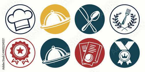 Restaurant Food Service Icons Set Vector - Chef Hat, Dish Cover, Cutlery, Award, Menu, Badge, Medal - Dining, Quality, Best Food, Top Rated Restaurant