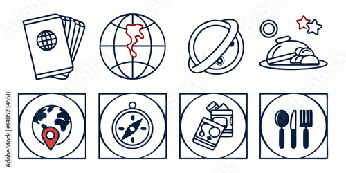 Travel and Tourism Vector Icons Passport Globe Compass Suitcase Food Location Pin Cutlery