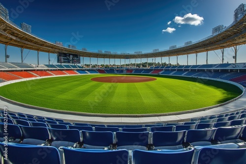 Vast baseball stadium,  bright sun,  empty seats photo