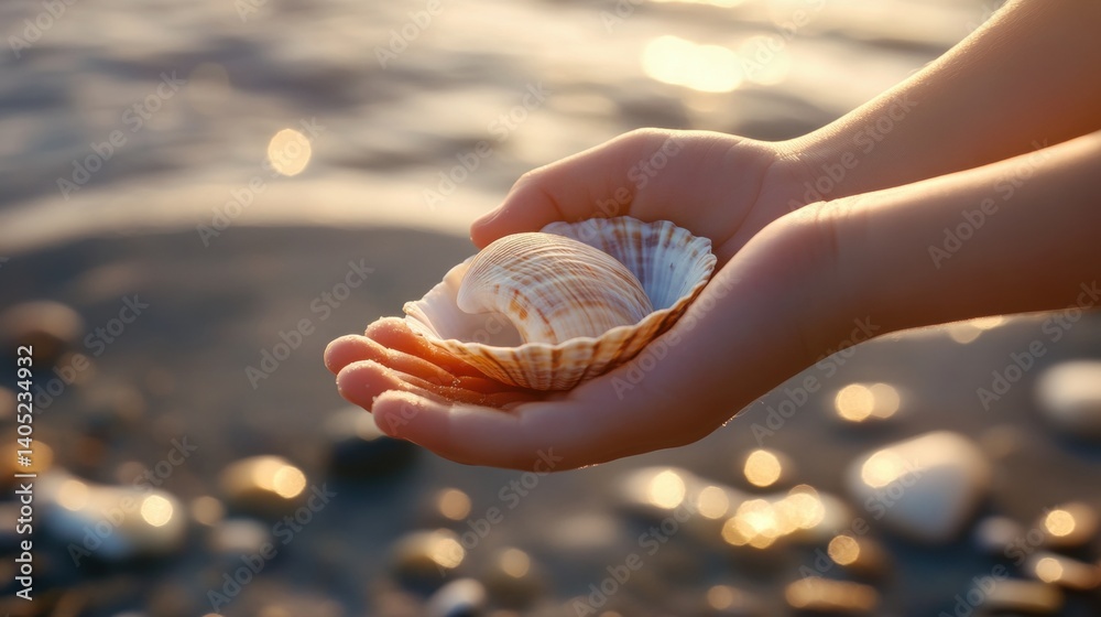 Child's hands hold a seashell on a beach.