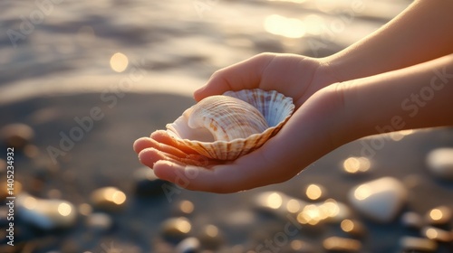 Obraz na płótnie Child's hands hold a seashell on a beach. w salonie