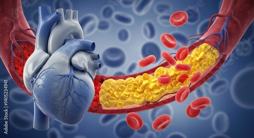 Photorealistic rendering of a human heart with cholesterol plaque buildup
