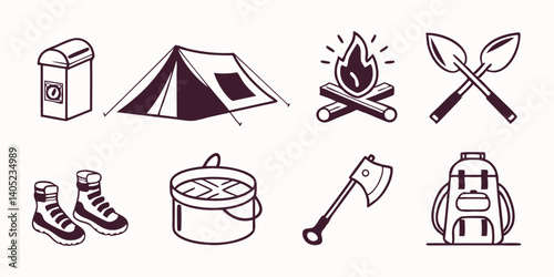 Vector Line Art Camping Icons Set - Outdoor Adventure Gear Illustration of Tent, Campfire, Backpack, Boots, Axe, Shovel, Pot, Chest