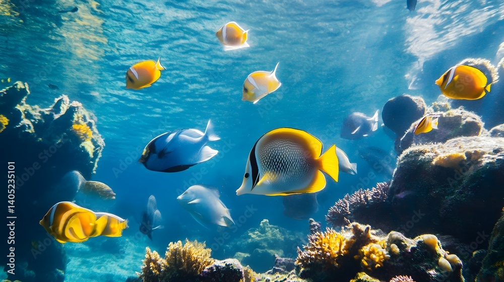 Naklejka premium Fish swim among coral reefs in clear blue water underwater scene.