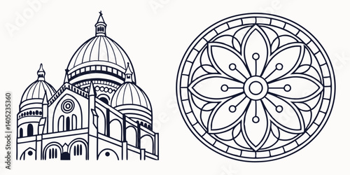 Detailed Black and White Line Art Illustration Domed Church Building and Intricate Floral Rosette Window Design for Religious Architecture and Decorative Church Rosette Ornaments